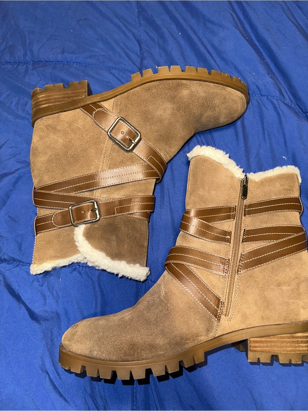 Nine West Tan Suede Ankle Boots with Faux Shearling Trim